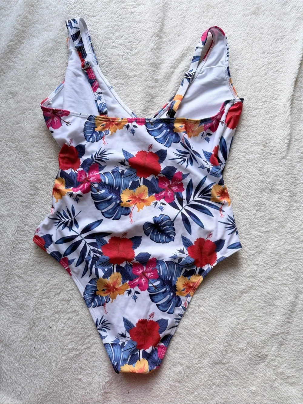 Floral Tropical One-Piece Swimsuit in White with Red & Blue Accents